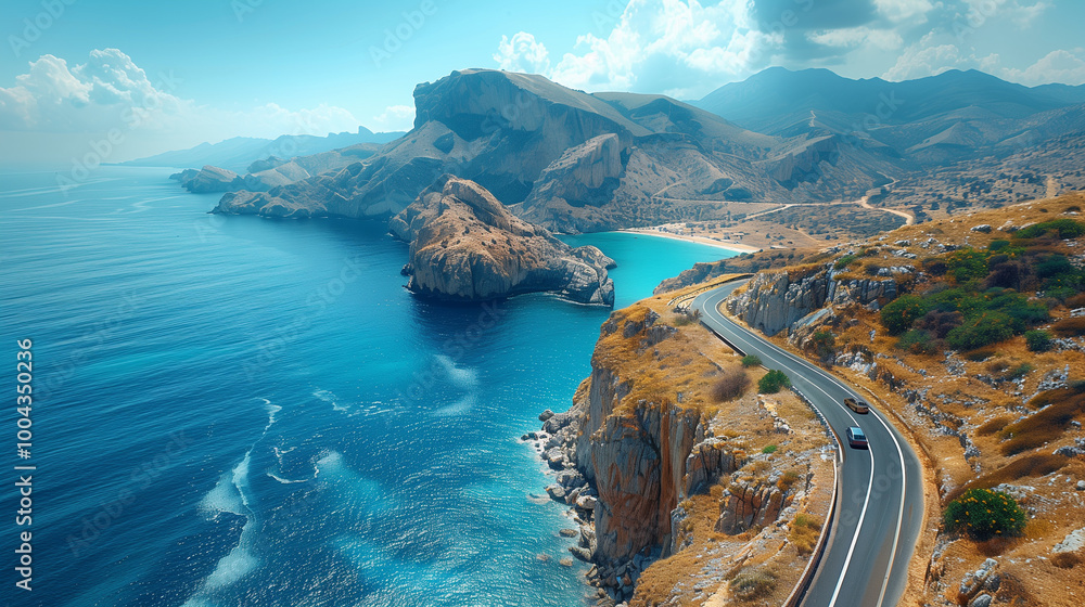 Fototapeta premium Aerial drone view on the car driving on the bridge around sea coast.