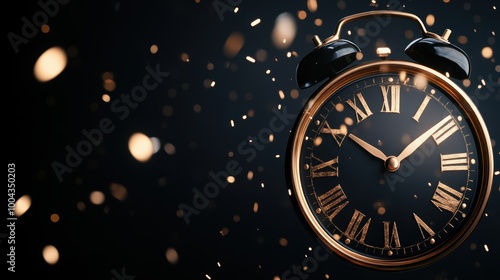 A vintage clock face with the time showing 12:00 AM, the text Happy New Year written in a vintage font with a subtle glow effect, against a dark, textured background.