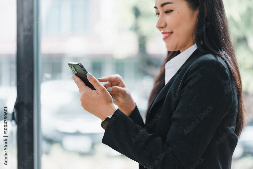 professional woman in black suit is engaged with her smartphone, smiling as she interacts with device. background features blurred outdoor scene, suggesting modern office environment. professional woman in black suit is engaged with her smartphone, smiling as she interacts with device. background features blurred outdoor scene, suggesting modern office environment.