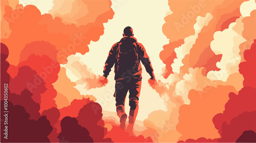 Vector illustration of a football fan with a smoke bomb in his hands. Football fan. Ultras. Revolution. Riot. Protest.