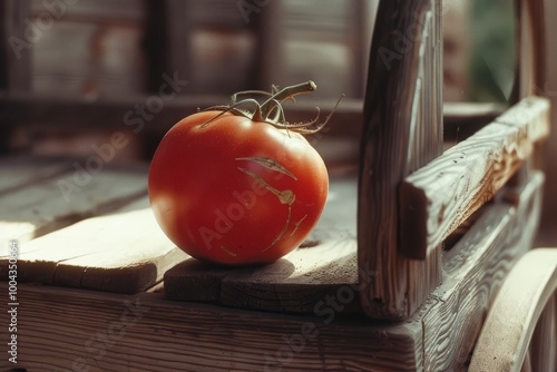 Single red tomato resting in a rustic wooden crate with soft natural lighting highlighting the texture. photo