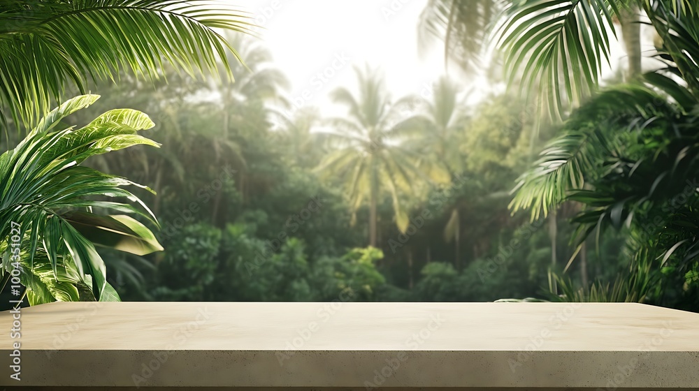 Tabletop on jungle background for product presentation. Beige concrete countertop in forest Tabletop on jungle background for product presentation. Beige concrete countertop in forest