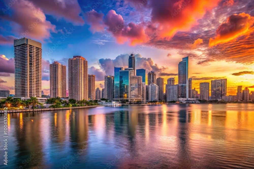 Fototapeta premium Stunning Miami city skyline view from the beautiful waterfront of Miami Beach at sunset hour