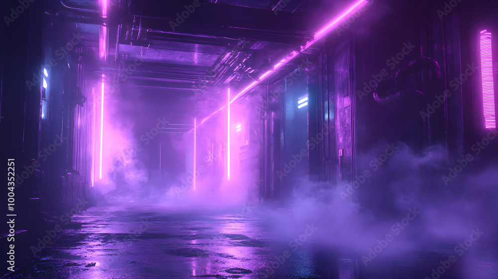 3D Neon Corridor with Purple Light and Fog - Abstract 3D Neon Corridor with Purple Light and Fog - Abstract