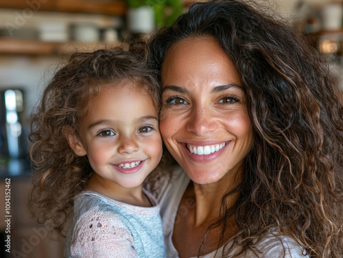 A joyful mother and little girl share warm embrace, showcasing their beautiful smiles in cozy kitchen setting. Their happiness radiates, creating heartwarming moment