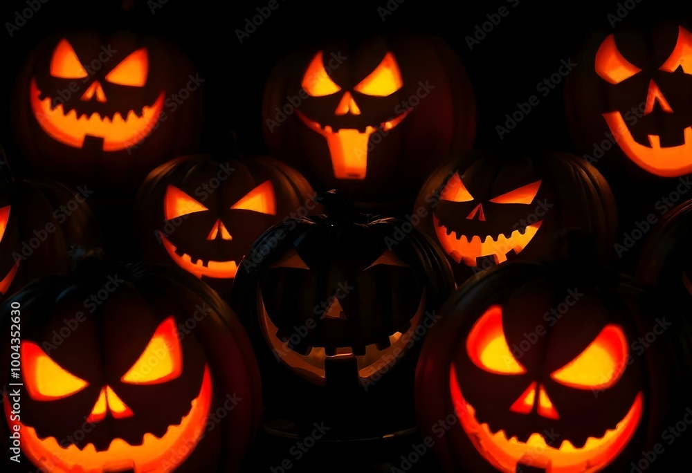 Generative AI illustration of illuminated carved pumpkins with different evil faces in darkness at Halloween night Generative AI illustration of illuminated carved pumpkins with different evil faces in darkness at Halloween night