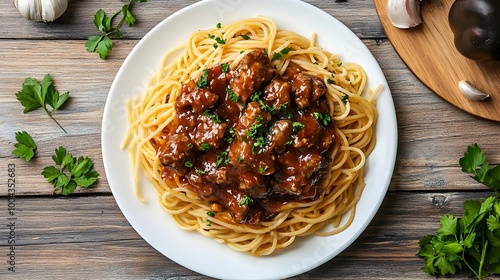 Delicious Spaghetti Bolognese Served on a Wooden Table with Fresh Herbs and Parmesan Cheese