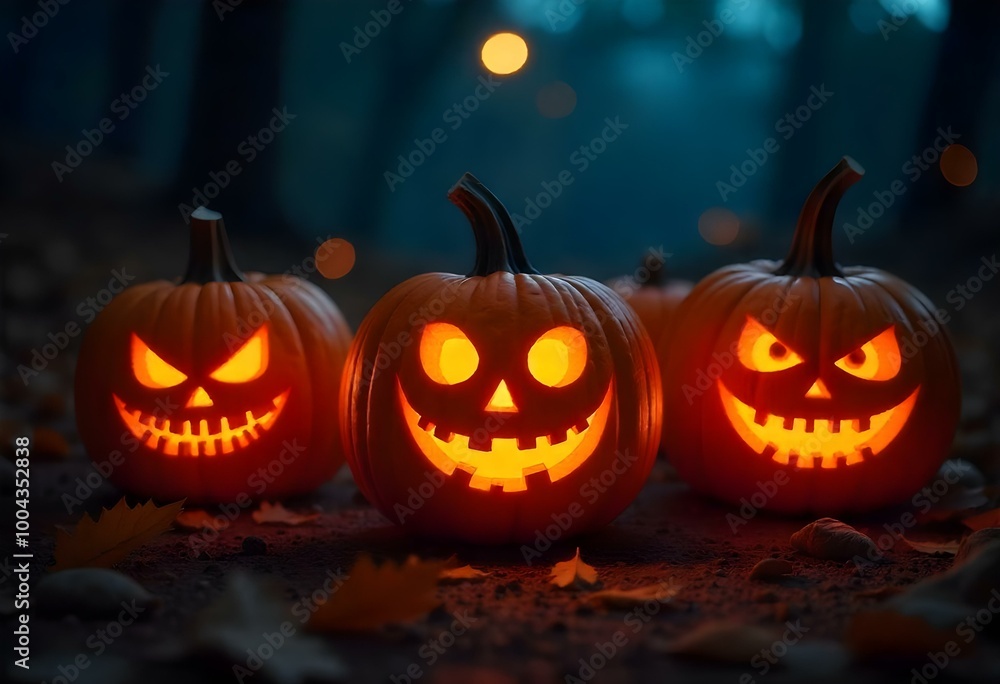 Generative AI illustration of illuminated carved pumpkins with different evil faces in darkness at Halloween night Generative AI illustration of illuminated carved pumpkins with different evil faces in darkness at Halloween night