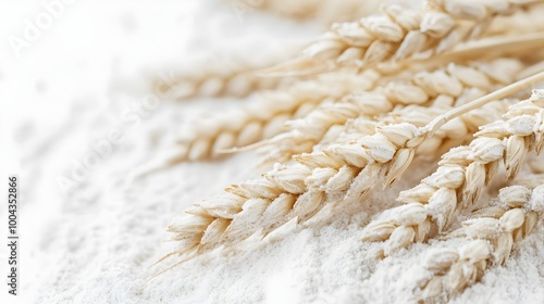 Freshly Harvested Wheat Stalks on Wooden Surface with Flour