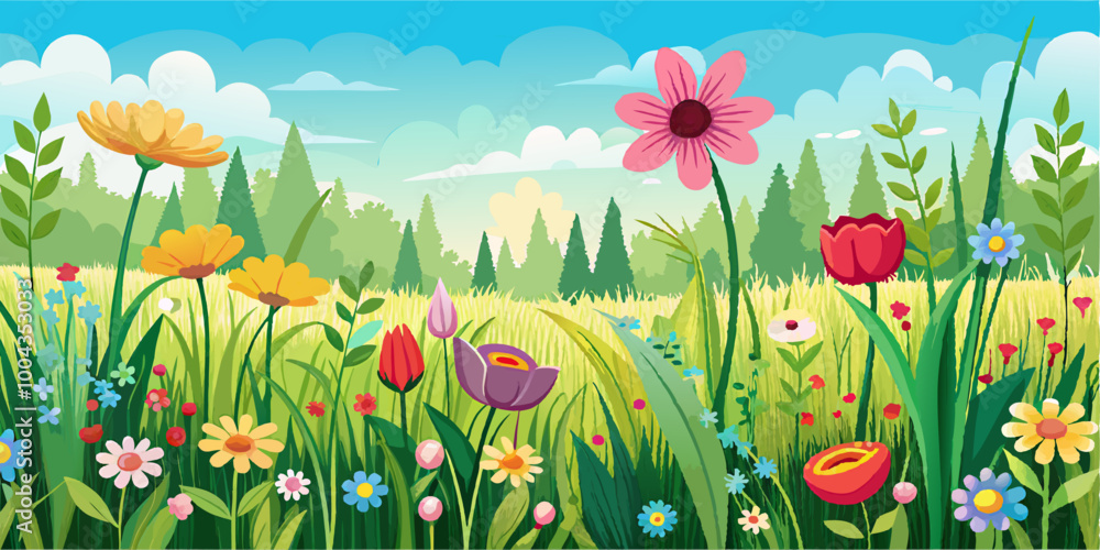 Flower landscape. Summer outdoor field scenery. Panoramic herb bloom. Herbal grass meadow. Nature green background. Beautiful floral spring garden Flower landscape. Summer outdoor field scenery. Panoramic herb bloom. Herbal grass meadow. Nature green background. Beautiful floral spring garden