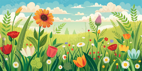 Flower landscape. Summer outdoor field scenery. Panoramic herb bloom. Herbal grass meadow. Nature green background. Beautiful floral spring garden