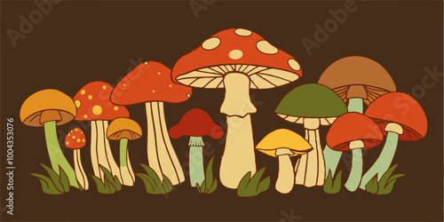 Autumn mushroom. Set of vegetable fungus. Organic forest food and plant. Cartoon edible toadstool