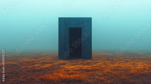 A mysterious dark doorway stands alone in a foggy landscape.