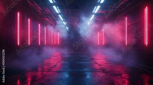 3D Neon Lights Corridor with Smoke