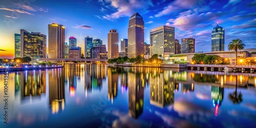 Stunning Tampa Skyline at Dusk with Reflective Hillsborough River Creating a Serene Urban Scene