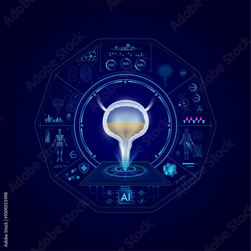 Health care medical technology. Human bladder on CT or MRI Scan. Ultrasound analysis organ. Diagnosis treatment of magnetic resonance radiologist concept. Hologram hi tech digital interface vector.