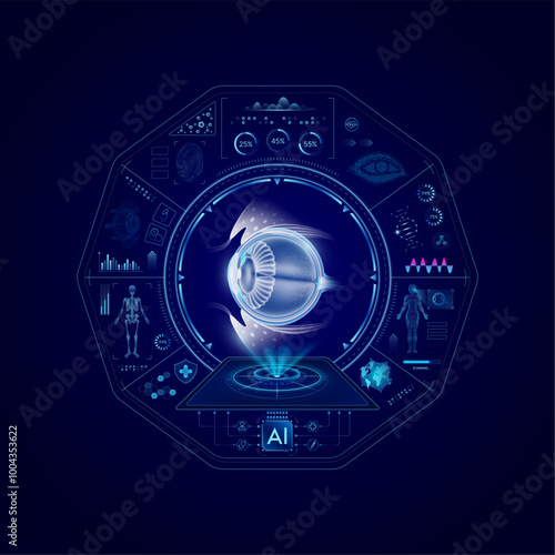 Health care medical technology. Eyeball on CT or MRI Scan. Ultrasound analysis organ. Diagnosis treatment of magnetic resonance radiologist concept. Hologram hi tech digital interface vector.