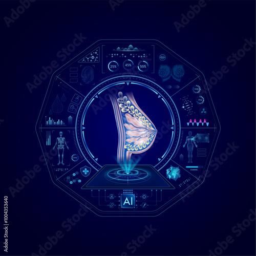 Health care medical technology. Female breast on CT or MRI Scan. Ultrasound analysis organ. Diagnosis treatment of magnetic resonance radiologist concept. Hologram hi tech digital interface vector.