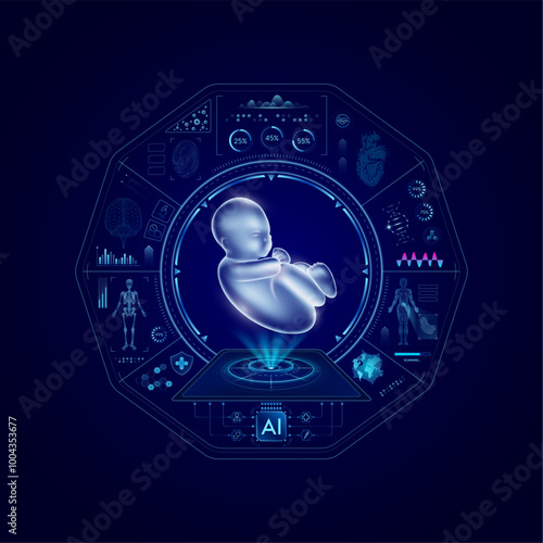 Health care medical technology. Fetus on CT or MRI Scan. Ultrasound analysis. Diagnosis treatment of magnetic resonance radiologist concept. Hi tech digital interface vector.