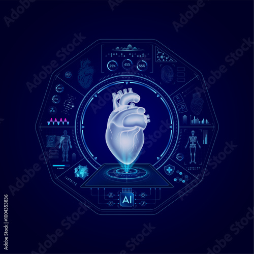Health care medical technology. Human heart on CT or MRI Scan. Ultrasound analysis organ. Diagnosis treatment of magnetic resonance radiologist concept. Hologram hi tech digital interface vector.