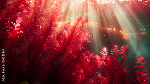 Underwater Macro Shot of Red Algae Rich in Astaxanthin with Deep Red Coloration and Texture