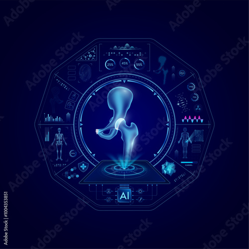 Health care medical technology. Hip joint on CT or MRI Scan. Ultrasound analysis organ. Diagnosis treatment of magnetic resonance radiologist concept. Hologram hi tech digital interface vector.