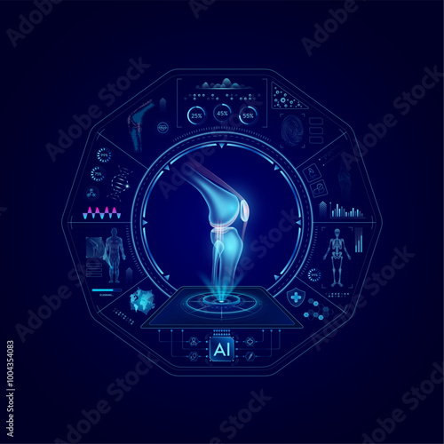 Health care medical technology. Knee joint bone on CT or MRI Scan. Ultrasound analysis organ. Diagnosis treatment of magnetic resonance radiologist concept. Hologram hi tech digital interface vector.
