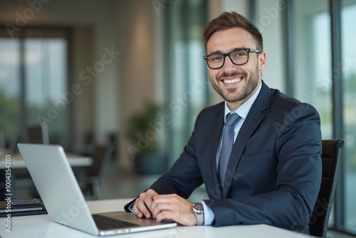 Confident businessman smiling while working on laptop in modern office