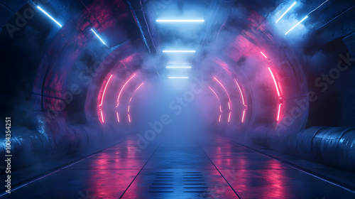 Futuristic Tunnel with Neon Lights and Fog 3D Illustration