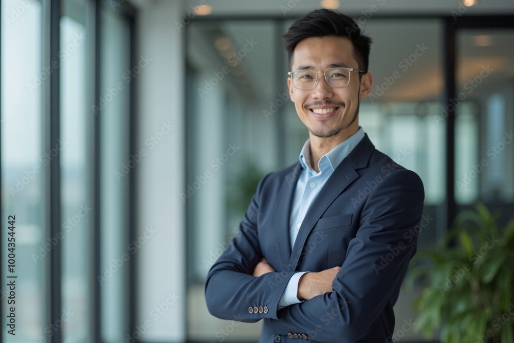 Confident Asian businessman smiling warmly in modern office against glass windows Confident Asian businessman smiling warmly in modern office against glass windows