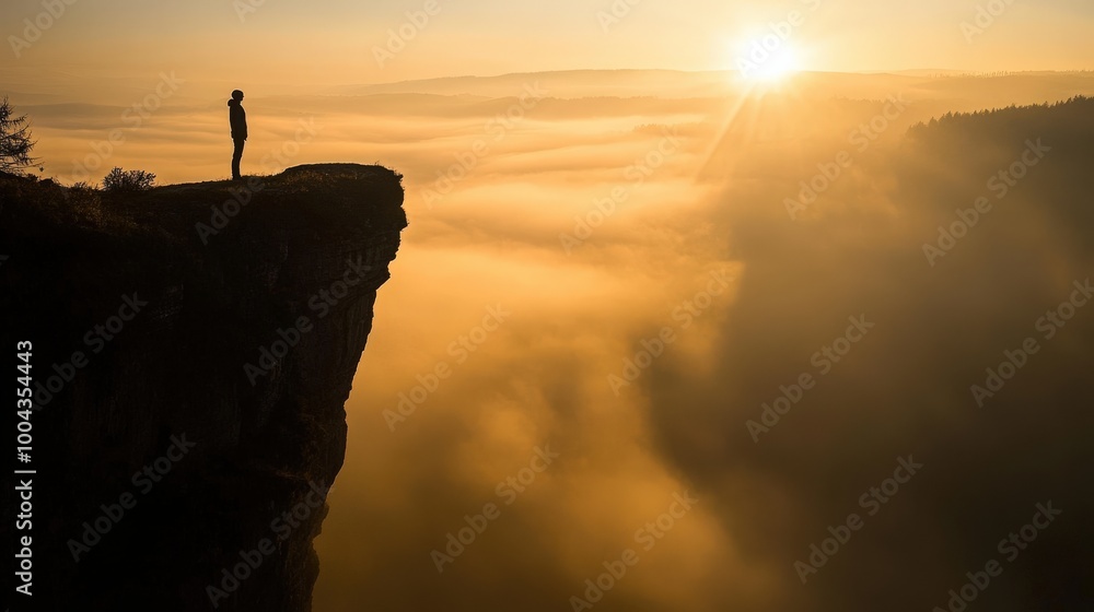 Obraz premium A solitary figure is poised on the cliff's edge, gazing out over a fog-blanketed valley at dawn. The sun rises, casting a warm golden glow that envelops the landscape