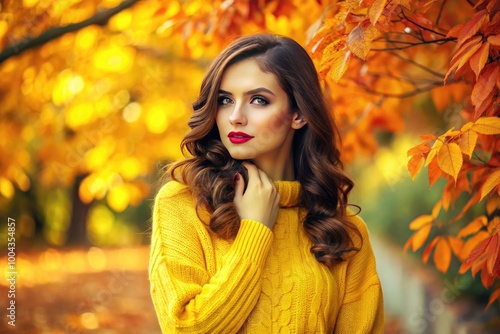 Stylish brunette model in a yellow sweater showcasing autumn fashion trends for casual wear