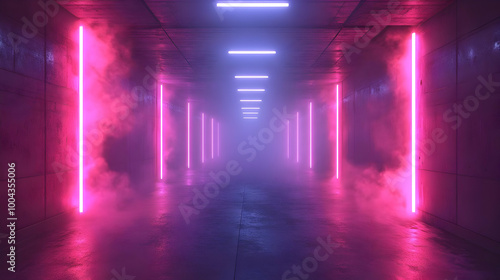 Neon Lights in a Foggy Corridor - 3D Illustration