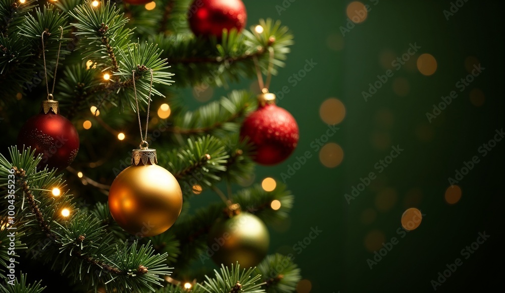 Fototapeta premium Close-up of Christmas tree ornaments and lights on a green background for festive decoration