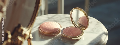 A close-up of two shimmering pink compact powder jars with golden frames, resting on an elegant marble surface in front of a window that reveals the soft glow of dawn light filtering through curtains