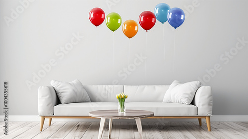 Serene Simplicity: Colorful Balloons Elevate a Minimalist Living Room with a Splash of Vibrant Cheer photo