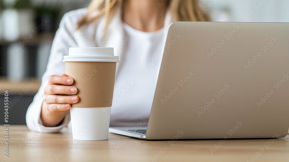 A woman holds coffee cup while working on laptop, focusing on her task. scene suggests productive and cozy work environment A woman holds coffee cup while working on laptop, focusing on her task. scene suggests productive and cozy work environment