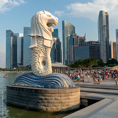 Singapore's famous merlion statue framed by cityscape beauty picture