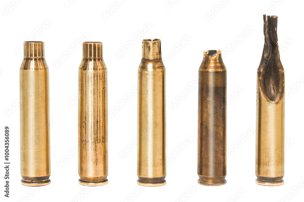 Different of deform 5.56 fired ammo case shell, used empty ammunition individually. Die cut transparent Different of deform 5.56 fired ammo case shell, used empty ammunition individually. Die cut transparent
