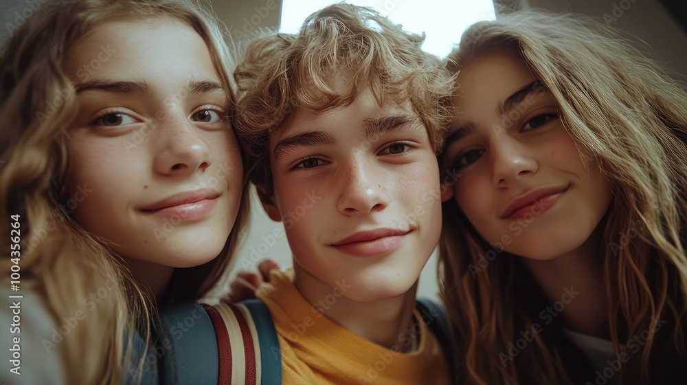 Fototapeta premium Group of three teenagers joyfully taking a selfie together, showcasing happiness and friendship in a well-lit environment, capturing a moment of their youth.