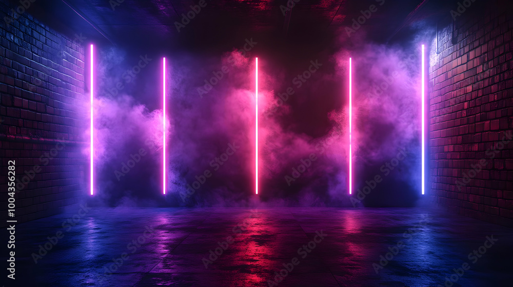 Neon Lights and Smoke in Brick Room 3D Illustration Neon Lights and Smoke in Brick Room 3D Illustration