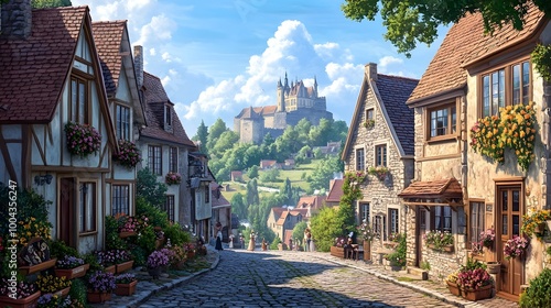 Charming European town with quaint houses a medieval castle in the background and cozy cobblestone streets lined with flowering window boxes