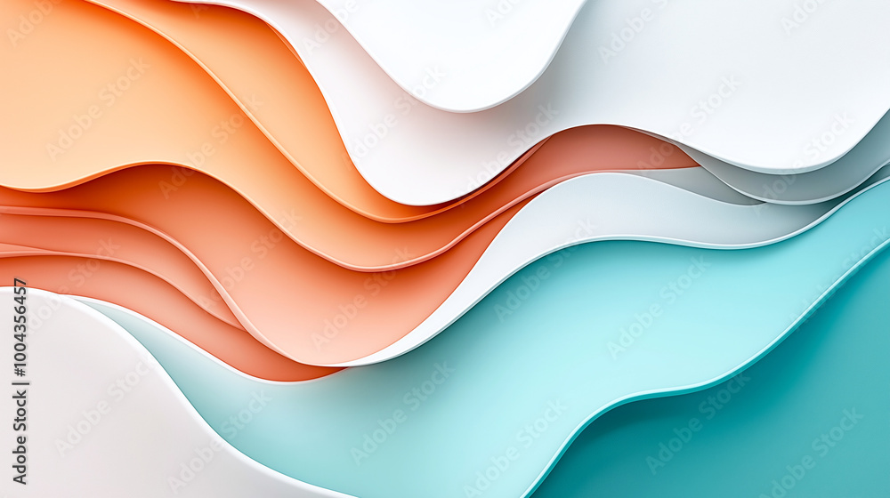 Obraz premium Fluid pastel colors blend seamlessly in this abstract background, featuring soft waves of orange, blue, and white. smooth, flowing design creates calming and harmonious visual effect