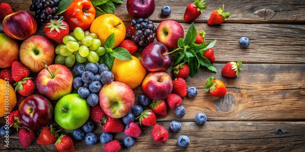 Various colorful ripe fruits on a weathered wooden surface creating a rustic farm-to-table aesthetic Various colorful ripe fruits on a weathered wooden surface creating a rustic farm-to-table aesthetic