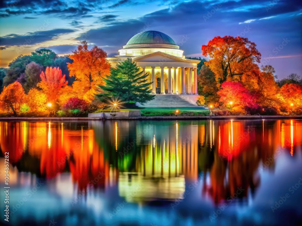 Obraz premium Thomas Jefferson Memorial with Autumn Foliage Reflections in Tidal Basin, Washington DC Panorama
