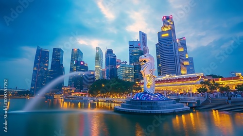 Majestic merlion statue facing the vibrant singapore cityscape picture