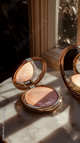 A close-up of two shimmering pink compact powder jars with golden frames, resting on an elegant marble surface in front of a window that reveals the soft glow of dawn light filtering through curtains