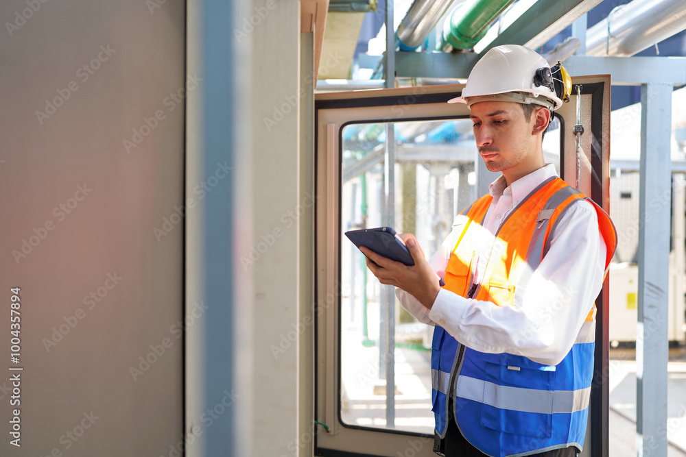 Engineer or worker working at machine control panel and checking pipeline valves or water tank area at urban industrial site Engineer or worker working at machine control panel and checking pipeline valves or water tank area at urban industrial site