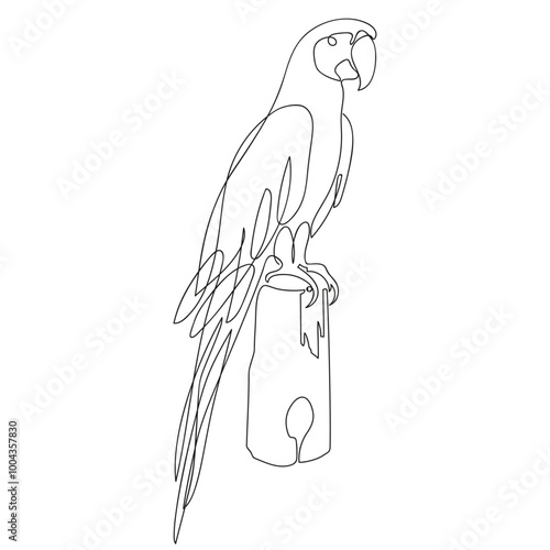 Parrot icon, logo, sign. Parrot single continuous line drawing. Graphic line art for coloring book. Smart funny parrot bird minimalist vector illustration. Flying animal concept for pet club.