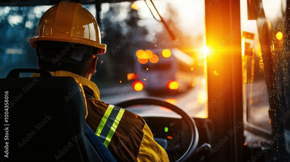 Bus driver in safety gear driving during sunset, illuminated by warm light, focused on the road ahead. Bus driver in safety gear driving during sunset, illuminated by warm light, focused on the road ahead.